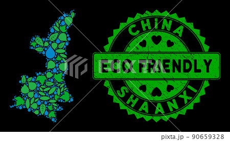 Vector Eco Green Collage Shaanxi Province Map and ECO FRIENDLY Grungy Stamp Seal Vector Eco Green Collage Shaanxi Province Map and ECO FRIENDLY Grungy Stamp Seal 90659328
