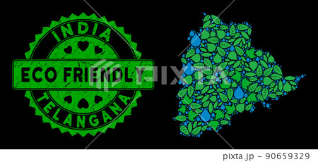 Vector Eco Green Mosaic Telangana State Map and ECO FRIENDLY Grunge Stamp Seal 90659329