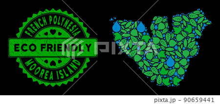 Vector Eco Green Mosaic Moorea Island Map and ECO FRIENDLY Scratched Seal 90659441