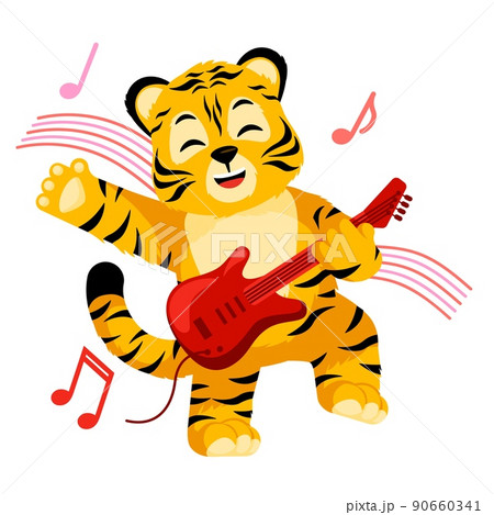 Little Tiger playing on electric guitar isolated. Cute character cartoon striped tiger musican. Little Tiger playing on electric guitar isolated. Cute character cartoon striped tiger musican. 90660341