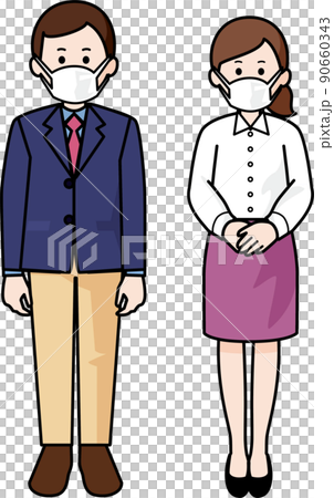 マスクをしてカジュアルな服装で立つ男性と女性 90660343