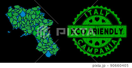 Vector Eco Green Mosaic Campania Region Map and ECO FRIENDLY Grungy Stamp Seal Vector Eco Green Mosaic Campania Region Map and ECO FRIENDLY Grungy Stamp Seal 90660405