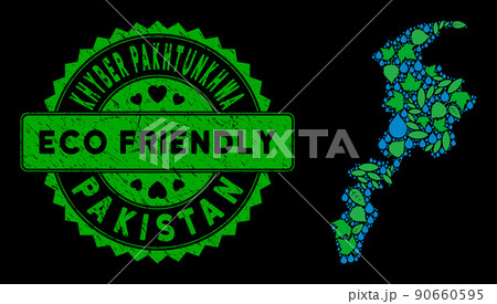 Vector Eco Green Composition Khyber Pakhtunkhwa Province Map and ECO FRIENDLY Grungy Seal 90660595
