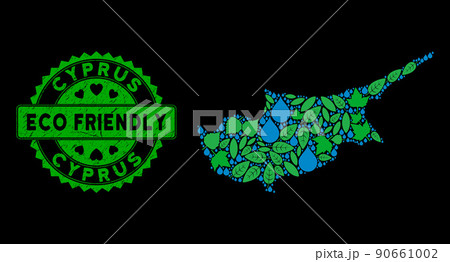Vector Eco Green Collage Cyprus Island Map and ECO FRIENDLY Dirty Stamp 90661002