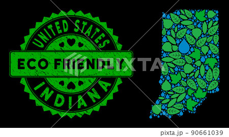 Vector Eco Green Composition Indiana State Map and ECO FRIENDLY Distress Stamp 90661039