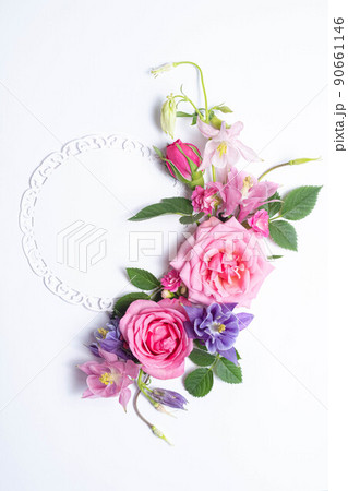Festive floral background. floral layout from pink and violet flowers Festive floral background. floral layout from pink and violet flowers 90661146