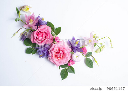 Festive floral background. floral layout from pink and violet flowers Festive floral background. floral layout from pink and violet flowers 90661147