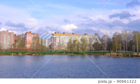 Cheha lake in Sumy city downtown sky reflect cityscape bird's view from park, people in harmony 90661322