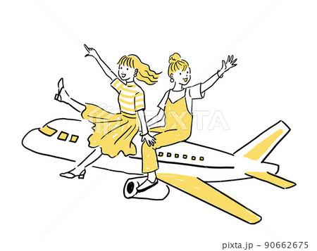 2人旅に出発する飛行機に乗った女の子達 90662675