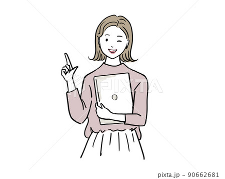 ノートパソコンを持ってウインク&指差しする女性 ノートパソコンを持ってウインク&指差しする女性 90662681