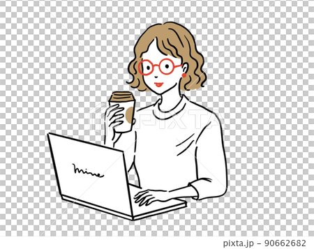 カフェで飲み物をのみながらパソコンで仕事をする女性 カフェで飲み物をのみながらパソコンで仕事をする女性 90662682