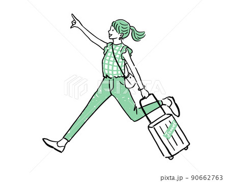 スーツケースを持つ女性　指さし笑顔　走る女性バージョン 90662763