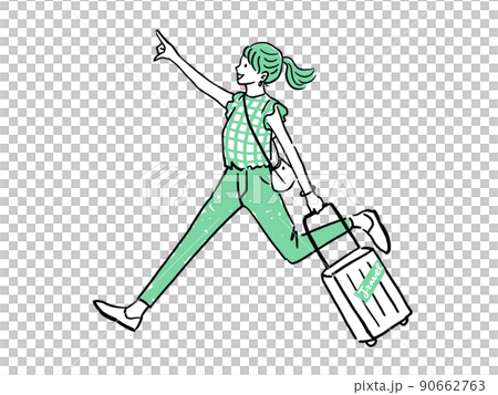 スーツケースを持つ女性　指さし笑顔　走る女性バージョン 90662763