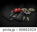 3d Rendering of casino gold chips and black play cards with bank card. clipping path included 90662929