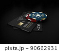 3d Rendering of casino gold chips and black play cards with bank card 90662931