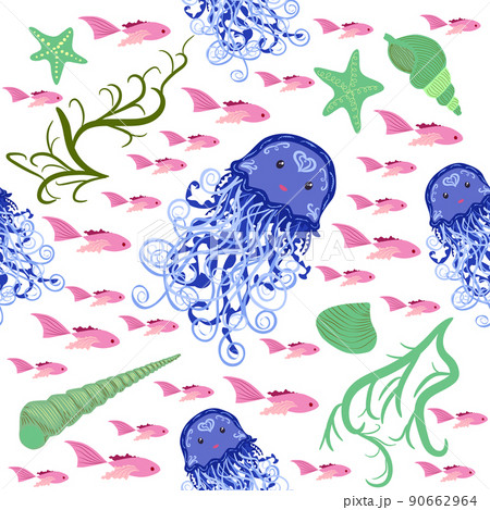 Seamless pattern with detailed transparent jellyfish. Childish seamless pattern with cute hand drawn fishes and jellyfishes in doodle style. Trendy nursery background 90662964