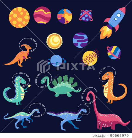 Dino in space. Cute dragon characters, dinosaur traveling galaxy with stars, planets 90662979