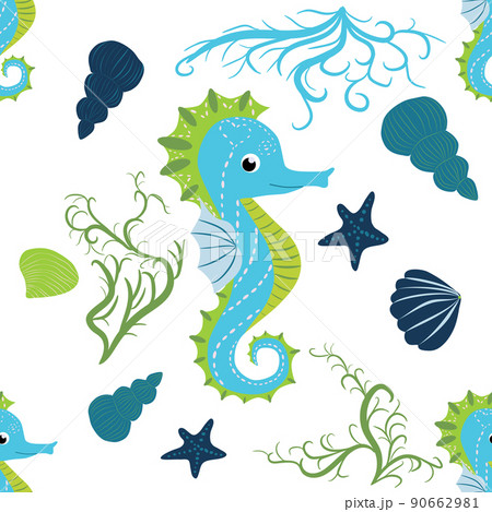 Cute seahorses cartoon seamless pattern. Hand drawn ocean animals. Nautical beach, Sea life fun underwater 90662981
