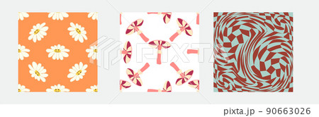 Set of retro 70s seamless pattern. Floral, swirl, mushrooms, peace symbol, camomile, smile Set of retro 70s seamless pattern. Floral, swirl, mushrooms, peace symbol, camomile, smile 90663026