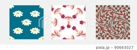 Set of retro 70s seamless pattern. Floral, swirl, mushrooms, peace symbol, camomile, smile 90663027