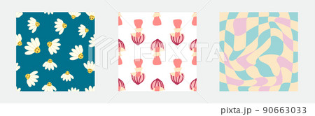 Set of retro 70s seamless pattern. Floral, swirl, mushrooms, peace symbol, camomile, smile Set of retro 70s seamless pattern. Floral, swirl, mushrooms, peace symbol, camomile, smile 90663033