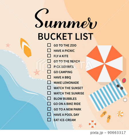 Summer bucket list. Funny things to do checklist. Seasonal activity planner page. Vacations wish list. Easy to edit vector template Summer bucket list. Funny things to do checklist. Seasonal activity planner page. Vacations wish list. Easy to edit vector template 90663317