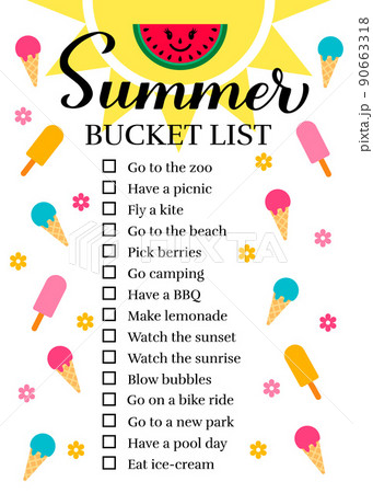 Summer bucket list. Funny things to do checklist. Seasonal activity planner page. wish list. Easy to edit vector template Summer bucket list. Funny things to do checklist. Seasonal activity planner page. wish list. Easy to edit vector template 90663318