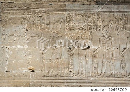 Bas-reliefs of the ancient Temple of Horus in Edfu, Egypt Bas-reliefs of the ancient Temple of Horus in Edfu, Egypt 90663709