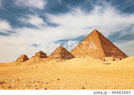 Ancient Pyramid of Mycerinus, Menkaura and the Pyramids of the Queens Menkaurev Giza, Egypt Ancient Pyramid of Mycerinus, Menkaura and the Pyramids of the Queens Menkaurev Giza, Egypt 90663895