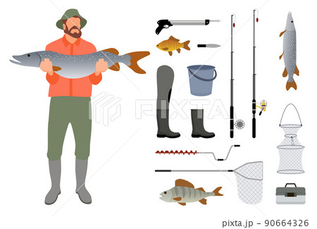 Fisherman with fish in hands and tackle sketch Fisherman with fish in hands and tackle sketch 90664326