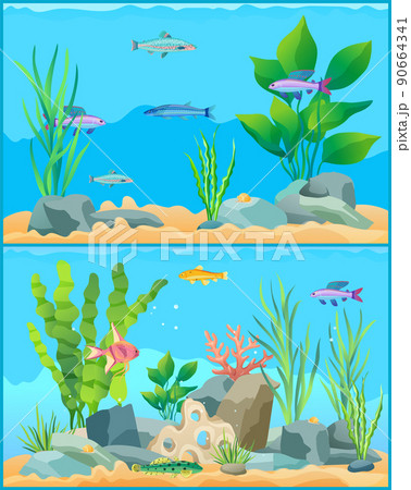 Colorful Cartoon Aquarium Fishes Set Promo Poster-插圖素材