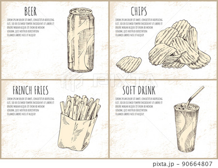 Beer and Chips Skecthes Set Vector Illustration 90664807