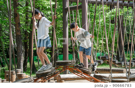 夏休みにアスレチックで遊ぶアジア人の小学生 夏休みにアスレチックで遊ぶアジア人の小学生 90666783