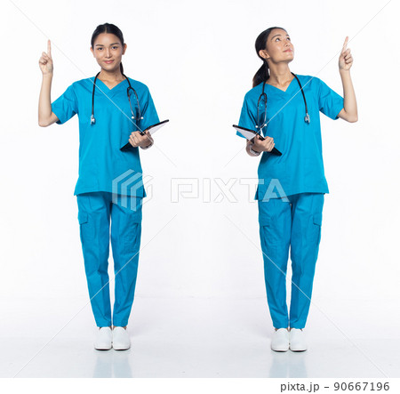 Full length 20s young Asian Woman clinic Nurse, pointing finger up in Air Full length 20s young Asian Woman clinic Nurse, pointing finger up in Air 90667196