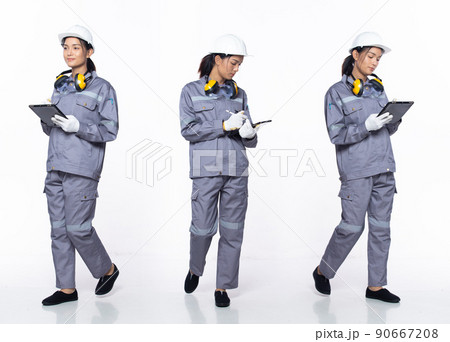 Full length 20s young Asian Woman contractor engineer, working hard thinking 90667208