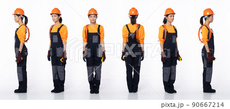 Full length 20s young Asian Woman contractor electrician, 360 front side back rear Full length 20s young Asian Woman contractor electrician, 360 front side back rear 90667214