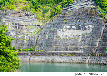 法面　有馬ダム　名栗湖　湖畔　春　新緑の風景 90667373