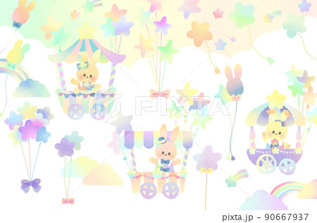 ゆめかわウサギと星の風船 背景付き  / 長方形 90667937