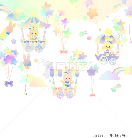 ゆめかわウサギと星の風船 背景付き / 正方形 ゆめかわウサギと星の風船 背景付き / 正方形 90667969