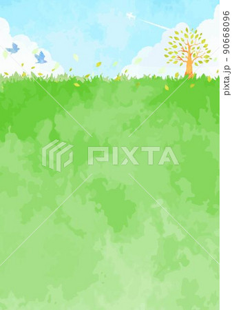 シンプルな手描きの木と草原と空の風景イラストのイラスト素材