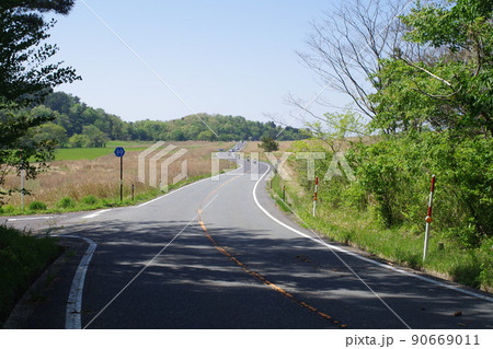 三瓶山草原を横断する道路の景色 90669011