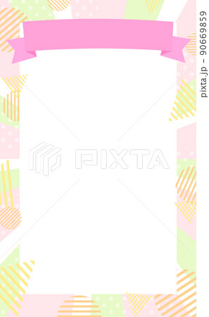 春色水玉模様集中線背景とストライプ図形が弾け飛ぶリボン付きの縦長メッセージカード 90669859