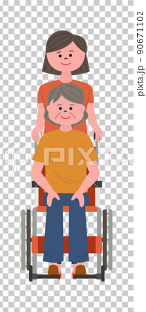 車椅子にのるおばあさんとおす女性のイラストのイラスト素材