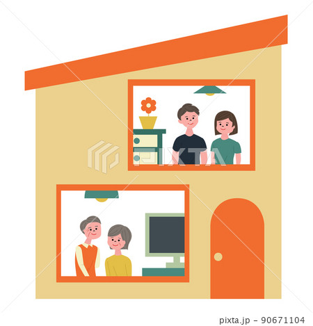 二世帯住宅に暮らす家族のイラスト 90671104