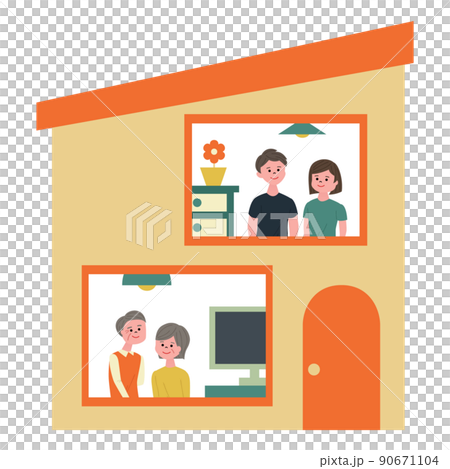 二世帯住宅に暮らす家族のイラスト 90671104