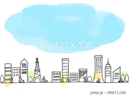 手描きの街並みと人々のシンプル線画イラスト 90671106