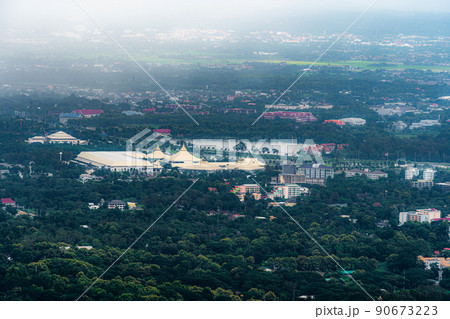 view in the mountains with road cityscape over the city building hotel, shopping mall,temple and houses air atmosphere rain fog sky abstract with white clouds. view in the mountains with road cityscape over the city building hotel, shopping mall,temple and houses air atmosphere rain fog sky abstract with white clouds. 90673223