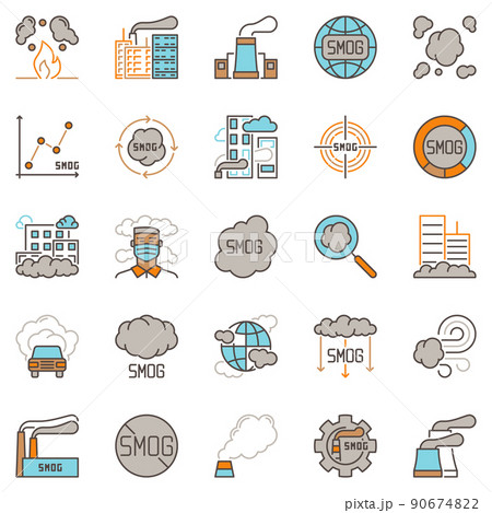 Smog icons collection. Vector Air Pollution and Smoke Fog signs Smog icons collection. Vector Air Pollution and Smoke Fog signs 90674822