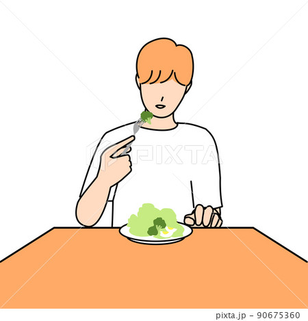 若い男がテーブルでサラダを食べるイラストのイラスト素材