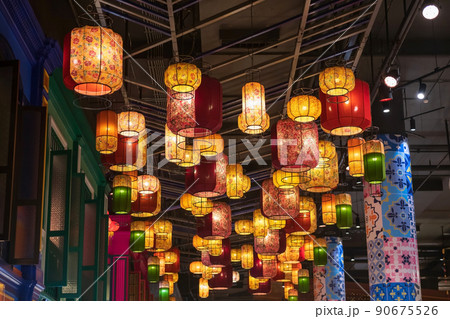 Amazing traditional hanging floral colorful lamps by window Amazing traditional hanging floral colorful lamps by window 90675526